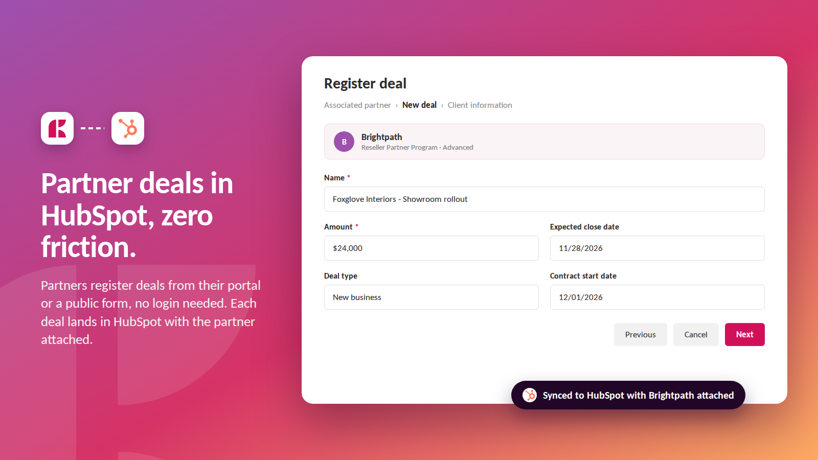 Registro de negócios de parceiros no Kiflo, criando um negócio no HubSpot com o parceiro associado