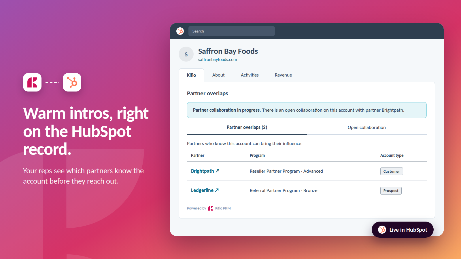 Cartão Kiflo em um registro do HubSpot que lista os parceiros que conhecem a conta